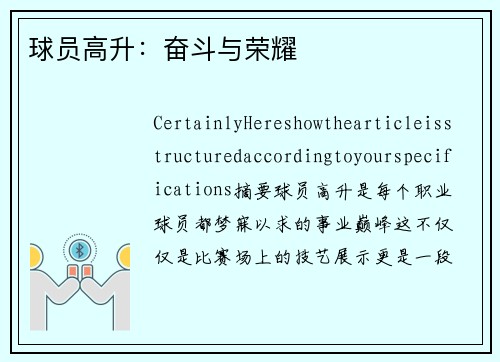 球员高升：奋斗与荣耀