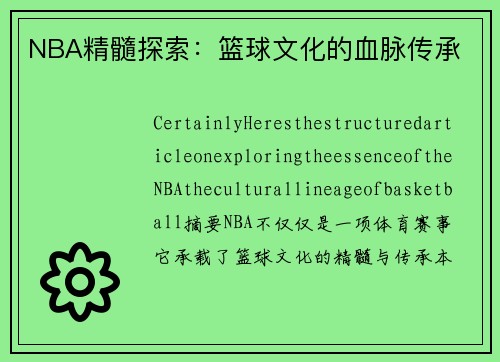 NBA精髓探索：篮球文化的血脉传承